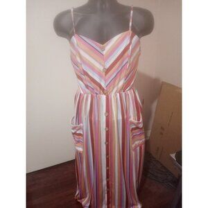 New Angashion Women’s Striped Strap Button Front Dress Size XL Pockets Ruching